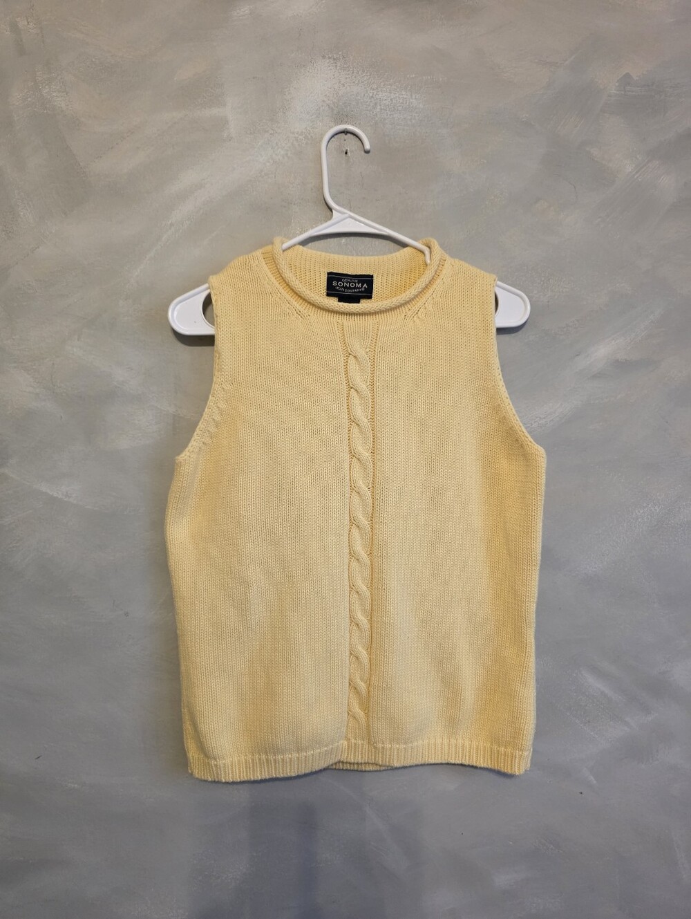 Vtg 90s Sonoma Butter Yellow Cable Knit Tank Top Sweater Sz L Cotton Rolled Neck